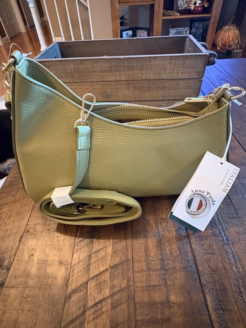 Anna Perla Olive Green Leather Crossbody Bag